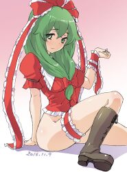 Rule 34 | 1girl, blush, boots, bottomless, bow, breasts, bridal garter, brown footwear, closed mouth, commentary request, cross-laced footwear, dated, foot out of frame, frilled ribbon, frilled sleeves, frills, front ponytail, gradient background, green eyes, green hair, hair bow, hair ribbon, highres, kagiyama hina, kei jiei, long hair, medium breasts, one-hour drawing challenge, pink background, puffy short sleeves, puffy sleeves, red ribbon, red shirt, ribbon, shirt, short sleeves, sitting, smile, solo, touhou, wrist ribbon