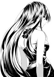 Rule 34 | 1girl, attsun (atsushi jb), bare arms, bare shoulders, breasts, dress, greyscale, highres, long hair, looking at viewer, looking back, medium breasts, monochrome, monochrome, neck ribbon, original, ribbon, simple background, solo, standing, very long hair, white background