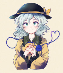 Rule 34 | 1girl, bad id, bad pixiv id, bow, cross-eyed, green eyes, own hands clasped, hat, hat bow, heart, heart of string, interlocked fingers, komeiji koishi, long sleeves, own hands together, shirt, silver hair, smile, solo, squinting, third eye, touhou, uranaishi (miraura), wide sleeves