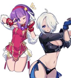 2girls angel_(kof) asamiya_athena blue_eyes breasts chinese_clothes cleavage fingerless_gloves gloves highres large_breasts legs licking_lips looking_at_viewer midriff multiple_girls navel one_eye_closed puckered_lips purple_eyes purple_hair short_hair snk solo the_king_of_fighters thick_thighs thighs tongue tongue_out v white_hair