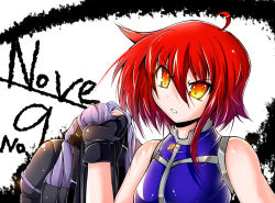 Rule 34 | 00s, 1girl, ahoge, bare shoulders, breasts, fingerless gloves, gloves, jacket, lyrical nanoha, mad (hazukiken), mahou shoujo lyrical nanoha, mahou shoujo lyrical nanoha strikers, medium breasts, nove (nanoha), numbers (nanoha), red hair, solo, yellow eyes