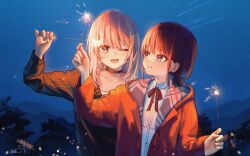 Rule 34 | 2girls, absurdres, black choker, black sweater, blue eyes, blush, brown hair, chinese commentary, choker, closed mouth, collarbone, collared shirt, commentary request, dress shirt, film grain, girls band cry, grey eyes, grey hair, highres, holding, holding fireworks, iseri nina, jacket, kawaragi momoka, long hair, long sleeves, low twintails, making-of available, multiple girls, neck ribbon, night, night sky, one eye closed, open clothes, open jacket, open mouth, outdoors, red jacket, red ribbon, ribbon, shirt, shooting star, short hair, short twintails, signature, sklt (swyt8223), sky, sweater, twintails, upper body, white shirt