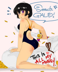 Rule 34 | 1girl, ahoge, arm support, ass, barefoot, between legs, black hair, black one-piece swimsuit, blush, coin, competition swimsuit, from side, kneeling, looking at viewer, looking back, money, one-piece swimsuit, open mouth, purple eyes, rutee katrea, sack, short hair, skindentation, soles, solo, suzusato rinka, swimsuit, sword, tales of (series), tales of destiny, toes, weapon, white background