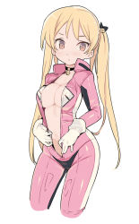 Rule 34 | 10s, 1girl, bakuon!!, bell, biker clothes, bikesuit, blade (galaxist), blonde hair, blush, bodysuit, bow, breasts, brown eyes, center opening, cleavage, clothes pull, collar, commentary request, cowboy shot, cropped legs, expressionless, full-length zipper, gloves, hair bell, hair bow, hair ornament, jingle bell, large breasts, long hair, looking at viewer, navel, neck bell, open bodysuit, open clothes, simple background, solo, standing, suzunoki rin, twintails, unzipped, white background, zipper