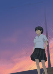 Rule 34 | 1girl, chain-link fence, fence, original, school uniform, serafuku, sky, solo, sunset, tamaru tokihiko
