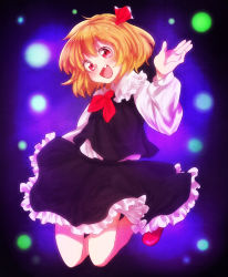 Rule 34 | 1girl, :d, bad id, bad pixiv id, blonde hair, fang, female focus, onyuuuu, open mouth, red eyes, rumia, short hair, skirt, skirt set, smile, solo, touhou