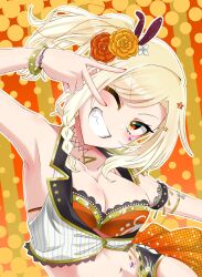 Rule 34 | 1girl, ;d, absurdres, arm up, armpits, black shorts, blonde hair, blush, breasts, brown background, cleavage, collarbone, commentary request, flower, grin, hair flower, hair ornament, highres, looking at viewer, love live!, love live! nijigasaki high school idol club, meccha going!!, medium breasts, medium hair, miyashita ai, navel, one eye closed, open mouth, orange background, orange eyes, orange flower, outline, panty straps, short ponytail, short shorts, shorts, sidelocks, simple background, smile, striped background, tetetsu (yuns4877), underbust, upper body, v, v-shaped eyebrows, v over eye, vest, white outline, white vest, yellow flower