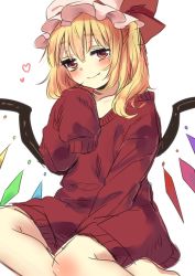 Rule 34 | 1girl, alternate costume, bad id, bad twitter id, blonde hair, blush, colorized, crystal, fang, flandre scarlet, hat, hat ribbon, heart, long sleeves, looking at viewer, mob cap, ribbon, short hair, side ponytail, simple background, sitting, sketch, sleeves past wrists, smile, solo, sweater, touhou, touya (konpekitou), white background, wings