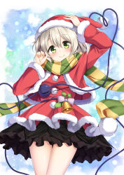 Rule 34 | 1girl, absurdres, bell, christmas, commentary request, east01 06, eyeball, green eyes, green scarf, hand on headwear, hat, heart, heart of string, highres, komeiji koishi, mistletoe, multicolored clothes, multicolored scarf, santa costume, santa hat, scarf, silver hair, solo, third eye, touhou, yellow scarf