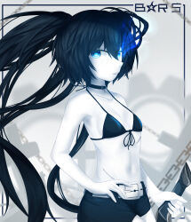 1girl belt bikini bikini_top_only black_choker black_hair black_rock_shooter black_rock_shooter_(character) black_shorts blue_eyes chain choker flaming_eye glowing glowing_eye highres long_hair no_shirt pale_skin scar shorts solo swimsuit sword tokyo_(1421) twintails uneven_twintails weapon