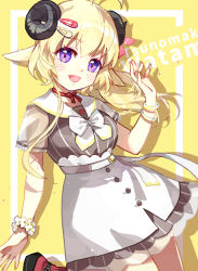 Rule 34 | 1girl, :d, ahoge, animal ears, bangle, black footwear, blonde hair, bow, bracelet, breasts, character name, commentary request, curled horns, flower, grey shirt, hair between eyes, hair ornament, hairclip, hand up, hololive, horns, jewelry, long hair, looking at viewer, medium breasts, open mouth, purple eyes, red socks, see-through, see-through sleeves, shadowsinking, sheep ears, sheep girl, sheep horns, shirt, shoes, short sleeves, sidelocks, skirt, smile, socks, solo, standing, standing on one leg, striped clothes, striped shirt, tsunomaki watame, tsunomaki watame (street casual), vertical-striped clothes, vertical-striped shirt, virtual youtuber, white bow, white flower, white skirt, yellow background