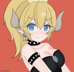Rule 34 | 1girl, armlet, artist name, bare shoulders, blonde hair, blue eyes, blush, bowsette, breasts, cleavage, closed mouth, collar, earrings, fang, female focus, happy, high ponytail, horns, jewelry, jpeg artifacts, looking at viewer, loonanese, mario (series), medium breasts, new super mario bros. u deluxe, nintendo, pointy ears, red background, signature, simple background, smile, solo, spiked collar, spikes, strapless