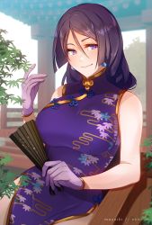 Rule 34 | 1girl, bare shoulders, blush, breasts, china dress, chinese clothes, closed mouth, dress, earrings, ebbilin, fate/grand order, fate (series), floral print, folding fan, gloves, hair between eyes, hand fan, heroic spirit traveling outfit, jewelry, large breasts, long hair, looking at viewer, minamoto no raikou (fate), minamoto no raikou (traveling outfit) (fate), parted bangs, pelvic curtain, purple dress, purple eyes, purple gloves, purple hair, side slit, smile, solo, very long hair