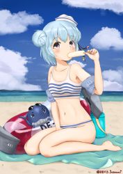 Rule 34 | 1girl, absurdres, beach, bikini, black ribbon, blue hair, blue sky, breasts, cloud, day, dixie cup hat, double bun, food, hair bun, hat, hat ribbon, highres, holding, holding food, innertube, kantai collection, little blue whale (kancolle), military hat, navel, official alternate costume, outdoors, popsicle, ribbon, samuel b. roberts (kancolle), short hair, sky, small breasts, sorairo haruka, striped bikini, striped clothes, swim ring, swimsuit, whale, yellow eyes