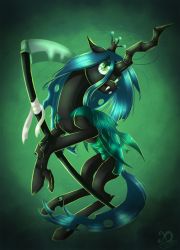 Rule 34 | 1girl, black background, black skin, blue hair, broken horn, chrysalis (my little pony), colored skin, crown, death (tarot), fangs, green background, green eyes, hole on body, horns, insect wings, long hair, my little pony, my little pony: friendship is magic, no humans, scythe, tarot, two-tone background, unicorn, very long hair, wings, xaneas
