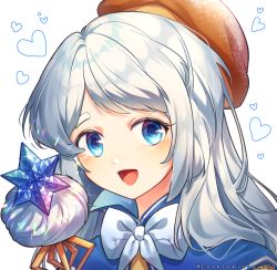 Rule 34 | 1girl, :d, beret, blue eyes, blush, bow, brown hat, cookie run, cream puff cookie, hat, heart, hexagram, highres, long hair, looking at viewer, lovelykirby 125, open mouth, portrait, silver hair, simple background, smile, solo, staff, swept bangs, twitter username, white background, white bow