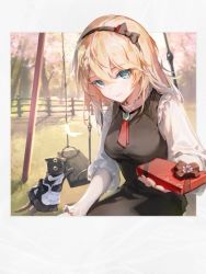 Rule 34 | 1girl, 1other, black cat, blonde hair, blue eyes, candy, cat, chocolate, chocolate bar, commentary request, cosplay, food, g36 (girls&#039; frontline), girls&#039; frontline, girls&#039; frontline neural cloud, hairband, imoko (imonatsuki), looking at viewer, maid, official art, swing set, third-party source