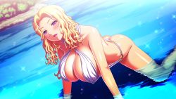 Rule 34 | 1girl, all fours, ass, bare shoulders, blonde hair, blush, breasts, bush, cleavage, covered erect nipples, day, food, game cg, huge breasts, in water, kyonyuu fantasy, kyonyuu fantasy 2, looking at viewer, mizoro tadashi, nadine (kyonyuu fantasy), o-ring, o-ring swimsuit, one-piece swimsuit, open mouth, outdoors, purple eyes, q-gaku, river, shiny skin, slingshot swimsuit, solo, sparkle, sunlight, swimsuit, tadano akira, waffle, water, white one-piece swimsuit