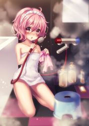Rule 34 | 1girl, ahoge, bad id, bad pixiv id, bare arms, bare legs, bare shoulders, bath stool, bathtub, blush, breasts, checkered floor, collarbone, commentary request, frilled hairband, frills, hair between eyes, hairband, hands up, holding, indoors, komeiji satori, kyouda suzuka, looking at viewer, mirror, naked towel, parted lips, pink eyes, pink hair, seiza, shampoo bottle, short hair, shower head, sitting, small breasts, soap, solo, steam, stool, thighs, touhou, towel