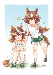 Rule 34 | 2girls, aged down, animal ears, bare shoulders, black footwear, blush, border, brown hair, child, commentary request, dress, ear ornament, earrings, full body, grass, green footwear, green shorts, grin, hair between eyes, hand on another&#039;s shoulder, horse ears, horse girl, horse tail, jewelry, loafers, long hair, looking at viewer, mihasame, multicolored hair, multiple girls, outdoors, parted lips, red eyes, school uniform, shirt, shoes, shorts, single earring, sirius symboli (umamusume), sleeveless, sleeveless dress, sleeveless shirt, smile, socks, squatting, streaked hair, symboli rudolf (umamusume), tail, umamusume, v, very long hair, white border, white dress, white hair, white shirt, white socks