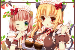 Rule 34 | 2girls, :3, ;3, animal ears, blonde hair, blunt bangs, blush, bob cut, bow, breasts, cat ears, cat tail, cherry, cupcake, dog ears, dog tail, duji amo, finger to mouth, food, fruit, green eyes, icing, long hair, maid, maid headdress, medium breasts, multiple girls, one eye closed, open mouth, original, pastry bag, pink hair, red eyes, ribbon, short hair, tail, upper body, wink, wrist cuffs