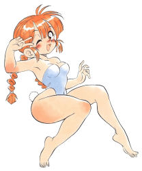 Rule 34 | 1girl, barefoot, blush, character request, feet, orange hair, oyatsu (mk2), simple background, smile, solo, swimsuit, thick thighs, thighs, toes, white background
