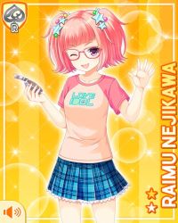 Rule 34 | 1girl, asymmetrical legwear, character name, english text, girlfriend (kari), glasses, hair ornament, hands up, holding, looking at viewer, medium hair, mismatched legwear, nejikawa raimu, official art, open mouth, pink hair, plaid, plaid skirt, purple eyes, qp:flapper, robot, roller skates, shoes, skates, skirt, smile, sneakers, solo, standing, tagme, tool, twintails, yellow background