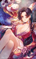 Rule 34 | 1girl, artist name, black hair, boa hancock, breasts, cleavage, crossed legs, dress, earrings, girikashi43, highres, jewelry, large breasts, legs, looking at viewer, medium breasts, one piece, pet, red dress, salome (one piece), skull, snake, solo