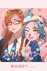 Rule 34 | 2girls, animal ears, black-framed eyewear, blazer, blue hat, blue jacket, blue necktie, breasts, cat ears, character name, closed mouth, clown nose, collared jumpsuit, collared shirt, crescent, crescent hat ornament, curly hair, danganronpa (series), danganronpa another, double v, expressionless, fang, frilled sleeves, frills, glasses, hair ornament, hairclip, happy, hat, hat ornament, head on another&#039;s shoulder, heart, highres, iranami satsuki, jacket, jester cap, jumpsuit, large breasts, letterboxed, li:ze, light blush, lipstick, long hair, long sleeves, looking at another, looking at viewer, makeup, mekaru rei, multiple girls, necktie, one eye closed, open mouth, orange eyes, orange hair, pause button, pink background, pink hat, pink jumpsuit, pink lips, polka dot headwear, rabbit ears, red nose, shirt, simple background, smile, social media composition, song name, star (symbol), star hat ornament, straight hair, two-tone headwear, upper body, v, whiskers, white shirt, yellow eyes