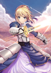 Rule 34 | 1girl, absurdres, ahoge, armor, armored dress, artoria pendragon (fate), blonde hair, blue eyes, braid, cloud, dress, excalibur (fate/stay night), fate/stay night, fate (series), faulds, gauntlets, gloves, glowing, glowing sword, glowing weapon, hachiroku (hatirokusann86), highres, ribbon, saber (fate), short hair, sky, solo, sword, warrior, weapon