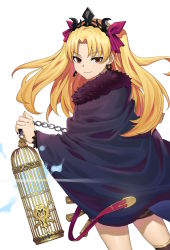 Rule 34 | 1girl, absurdres, birdcage, black cape, black thighhighs, blonde hair, bow, cage, cape, chain, closed mouth, dutch angle, earrings, ereshkigal (fate), fate/grand order, fate (series), fur-trimmed cape, fur trim, hair bow, highres, holding, infinity symbol, jewelry, long hair, looking at viewer, looking back, makise minami, parted bangs, purple bow, red eyes, simple background, smile, solo, thighhighs, tiara, two side up, very long hair, white background