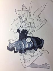 Rule 34 | 1girl, animal ears, black dress, blue eyes, breasts, cleavage, dress, floating, frilled dress, frills, greyscale, high heels, bridal garter, long hair, medium breasts, mini wings, monochrome, open mouth, solo, thigh strap, thighhighs, wings