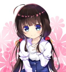 Rule 34 | 10s, 1girl, ahoge, bad id, bad pixiv id, beret, blue dress, blue eyes, blush, brown hair, closed mouth, commentary request, dress, floral background, flower, hair ribbon, hand up, hat, head tilt, highres, hinatsuru ai, layered sleeves, long hair, long sleeves, looking at viewer, low twintails, maru usagi (maruusagi22), pink flower, puffy short sleeves, puffy sleeves, ribbon, ryuuou no oshigoto!, school uniform, short over long sleeves, short sleeves, smile, solo, twintails, unworn hat, unworn headwear, very long hair, white background, white hat, yellow ribbon