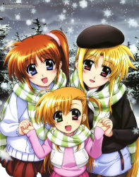 Rule 34 | 10s, 3girls, beret, blonde hair, blue eyes, brown hair, casual, coat, family, fate testarossa, hat, heterochromia, highres, holding hands, long hair, lyrical nanoha, mahou shoujo lyrical nanoha, mahou shoujo lyrical nanoha vivid, megami magazine, mother and daughter, multiple girls, okuda yasuhiro, pantyhose, purple eyes, red eyes, scarf, shared clothes, shared scarf, side ponytail, snow, striped clothes, striped scarf, takamachi nanoha, vivio, winter