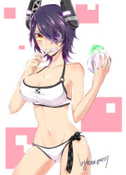Rule 34 | 10s, 1girl, amy7996659, bare shoulders, bikini, blush, bra, breasts, cleavage, clenched teeth, collarbone, cowboy shot, dated, female focus, food, headgear, highres, kantai collection, large breasts, looking at viewer, navel, panties, purple hair, shaved ice, short hair, signature, simple background, solo, spoon, sports bra, swimsuit, teeth, tenryuu (kancolle), underwear, white bikini, white bra, white panties, yellow eyes