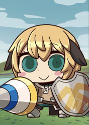 Rule 34 | 1girl, :&gt;, april fools, armored boots, blonde hair, blue sky, blush stickers, boots, brown hair, chibi, cloud, day, fate/grand order, fate (series), gareth (fate), green eyes, highres, holding, holding lance, holding polearm, holding shield, holding weapon, lance, looking at viewer, multicolored hair, official art, polearm, riyo (lyomsnpmp), shield, short hair, sky, solo, weapon