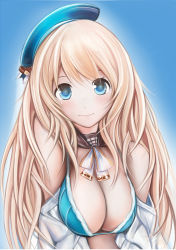 Rule 34 | 10s, 1girl, adapted costume, atago (kancolle), beret, blonde hair, breasts, cleavage, female focus, gradient background, green eyes, hat, kantai collection, large breasts, long hair, looking at viewer, nannacy7, open clothes, smile, solo