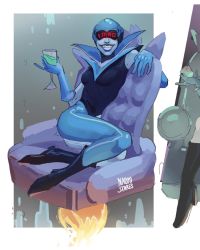 Rule 34 | 1girl, blue skin, boots, breasts, chair, colored skin, cup, deltarune, drinking glass, english text, full body, gloves, grin, highres, naomistares, queen (deltarune), signature, smile, solo, visor, white skin