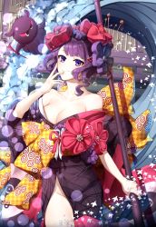 Rule 34 | bad id, bad pixiv id, black kimono, breasts, cleavage, collarbone, fate/grand order, fate (series), groin, hair ornament, highres, hm (wonhml), holding, holding weapon, japanese clothes, katsushika hokusai (fate), kimono, looking at viewer, medium breasts, no panties, purple eyes, purple hair, short hair, smile, tokitarou (fate), weapon