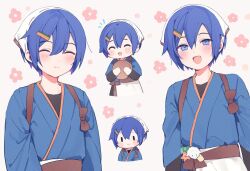 Rule 34 | 1boy, :d, alternate costume, androgynous, apron, black shirt, blue eyes, blue kimono, blush, blush stickers, chibi, chibi inset, closed eyes, closed mouth, cropped torso, grey background, hair between eyes, hair ornament, hairclip, japanese clothes, kaito (vocaloid), kimono, long sleeves, looking at viewer, male focus, mogu (wy5xrt7w), multiple views, open mouth, shirt, short hair, smile, undershirt, upper body, vocaloid, white apron, white headwear