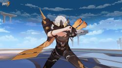 Rule 34 | 1boy, blue sky, brown gloves, brown pants, brown shirt, cloud, cloudy sky, gloves, highres, honkai (series), honkai impact 3rd, kalpas (honkai impact), mask, official art, official wallpaper, outdoors, pants, shirt, short hair, shoulder spikes, single glove, sky, solo, spikes, standing, white hair