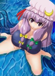 Rule 34 | 1girl, barefoot, bow, breasts, cleavage, female focus, from above, hair bow, haruto, hat, large breasts, long hair, looking up, multiple hair bows, partially submerged, patchouli knowledge, purple hair, ribbon, sitting, solo, swimsuit, touhou, tsukudani shirou, wariza, water