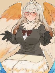 Rule 34 | 1girl, ahoge, animal hands, beige skirt, blush, bow, breasts, brown background, brown bow, brown feathers, brown hair, commentary request, feathered wings, feathers, glasses, gradient hair, hair intakes, harpy, highres, large breasts, long hair, monster girl, multicolored hair, neck fur, neck ruff, one eye covered, pmlial, red-framed eyewear, side slit, simple background, skirt, smile, solo, tokyo houkago summoners, twitter username, white feathers, white hair, wings, yellow eyes, ziz (housamo)