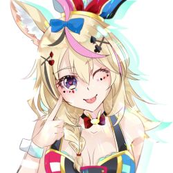 Rule 34 | 1girl, ;p, airani iofifteen (artist), animal ears, arm strap, bare shoulders, blonde hair, bow, braid, collarbone, facial mark, female focus, finger to mouth, fox ears, hair between eyes, hair ornament, hairclip, hat, heart, heart-shaped pupils, hololive, jester cap, multicolored hair, omaru polka, one eye closed, pink hair, playing card theme, purple eyes, solo, symbol-shaped pupils, tongue, tongue out, virtual youtuber, white background