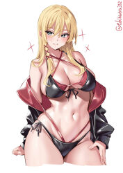 Rule 34 | 1girl, bikini, bismarck (kancolle), black bikini, blonde hair, blue eyes, blush, breasts, cleavage, collarbone, commentary request, cowboy shot, cropped legs, double bikini, ebifurya, hair between eyes, hair ornament, highres, kantai collection, large breasts, layered swimsuit, long hair, looking at viewer, navel, one-hour drawing challenge, red bikini, sidelocks, simple background, smile, solo, swimsuit, thighs, twitter username, white background