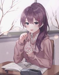 Rule 34 | 1girl, absurdres, blue eyes, blush, chair, classroom, collared shirt, desk, eraser, hand up, heterochromia, highres, holding, holding paper, hood, hoodie, indoors, long hair, long sleeves, looking at viewer, luxiel, notebook, original, paper, pencil case, pink hoodie, ponytail, purple eyes, purple hair, school uniform, shirt, sitting, solo, tongue, tongue out, tree, white shirt