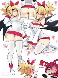 Rule 34 | 1boy, 1girl, adell (disgaea), ahoge, anger vein, ass, black gloves, blonde hair, blood, blush, breasts, clenched hand, commentary request, covered erect nipples, disgaea, dress, gloves, hairband, heart, highres, large breasts, makai senki disgaea 2, microdress, nosebleed, off-shoulder dress, off shoulder, panties, pink panties, puffphox, pussy juice, red eyes, red hair, red hairband, rozalin, seiza, sidelocks, sitting, skindentation, thighhighs, thighs, thong, twitter username, underwear, white panties