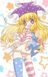 Rule 34 | 1girl, alternate legwear, american flag, american flag dress, american flag legwear, blonde hair, blush, breasts, cameltoe, clownpiece, contrapposto, dress, embarrassed, fairy, fairy wings, fang, frilled panties, frilled shirt collar, frills, groin, hat, highres, jester cap, kinoeda, long hair, looking at viewer, lowleg, lowleg panties, navel, neck ruff, open mouth, panties, pink eyes, pink panties, print thighhighs, short dress, short sleeves, simple background, small breasts, solo, standing, star (symbol), star print, striped, thighhighs, torch, touhou, underwear, white background, wind, wind lift, wings