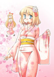Rule 34 | 1girl, :d, :o, alice margatroid, alternate costume, arnest, blonde hair, blue eyes, blush, contemporary, flower, hair flower, hair ornament, hairband, japanese clothes, kimono, long hair, long sleeves, looking at viewer, matching shanghai, obi, open mouth, pink background, sash, shanghai doll, short hair, simple background, smile, standing, tassel, touhou, wide sleeves