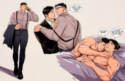 Rule 34 | 2boys, bara, batman (series), bed, black hair, black jacket, black pants, bruce wayne, clark kent, closed mouth, coffee cup, collared shirt, couple, cup, dc comics, disposable cup, facial hair, glasses, grey shirt, holding, holding cup, hug, jacket, unworn jacket, large pectorals, looking at another, lying, male focus, multiple boys, muscular, muscular male, nichasheng, nipples, on back, on bed, pants, pectorals, shirt, short hair, smile, stubble, superman (series), suspenders, under covers, undercut, yaoi